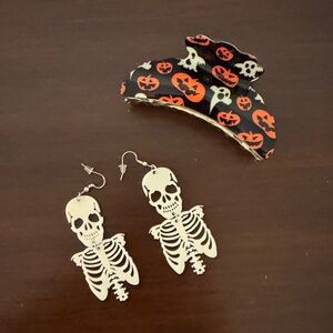 Halloween Skeleton Earrings and Pumpkin Hair Clip